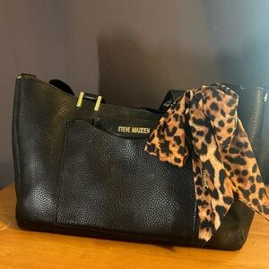 Steve Madden Black Tote with Leopard Print Scarf